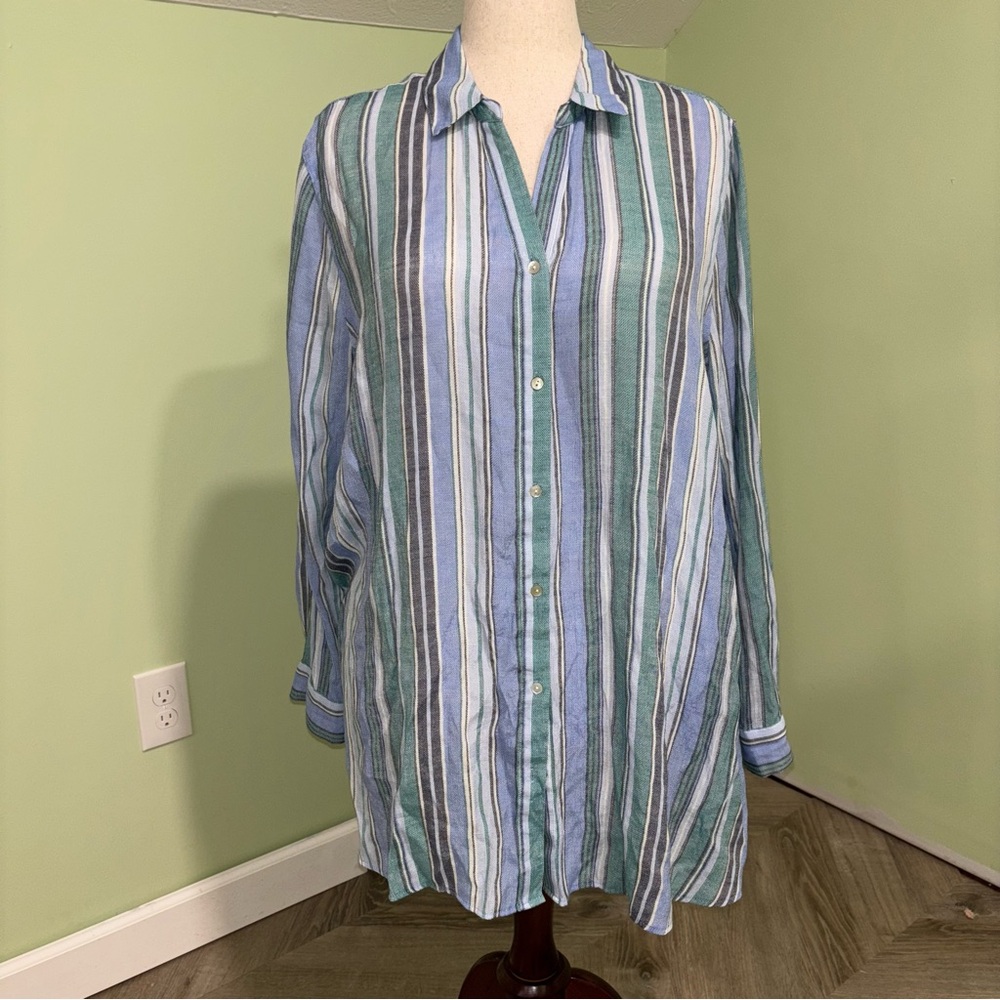 Como Vintage Blue Green Striped Button Down Shirt Roll Tab Sleeve Women’s Sz 1X